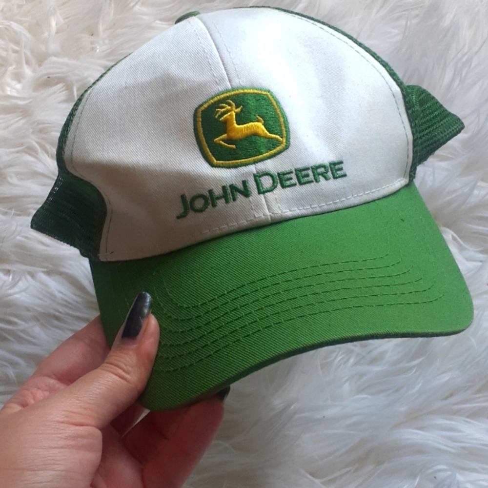 John Deere White & Green Netted Trucker Snapback Cap